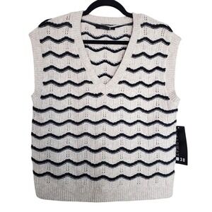 Broadyway 38‎ Sweater Vest White Teacher Grandpa Chevron Striped Knit V-Neck Lg
